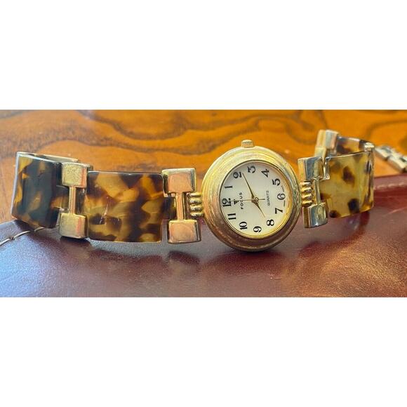 Women's 25mm Gold Tone Focus Watch with Tortoise Shell Look Accents - Picture 1 of 4